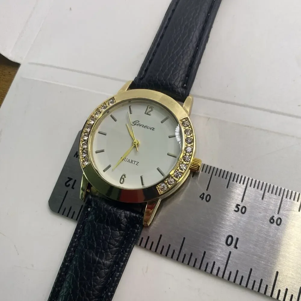Geneva Gold Tone Rhinestone Black Leather Watch New Battery